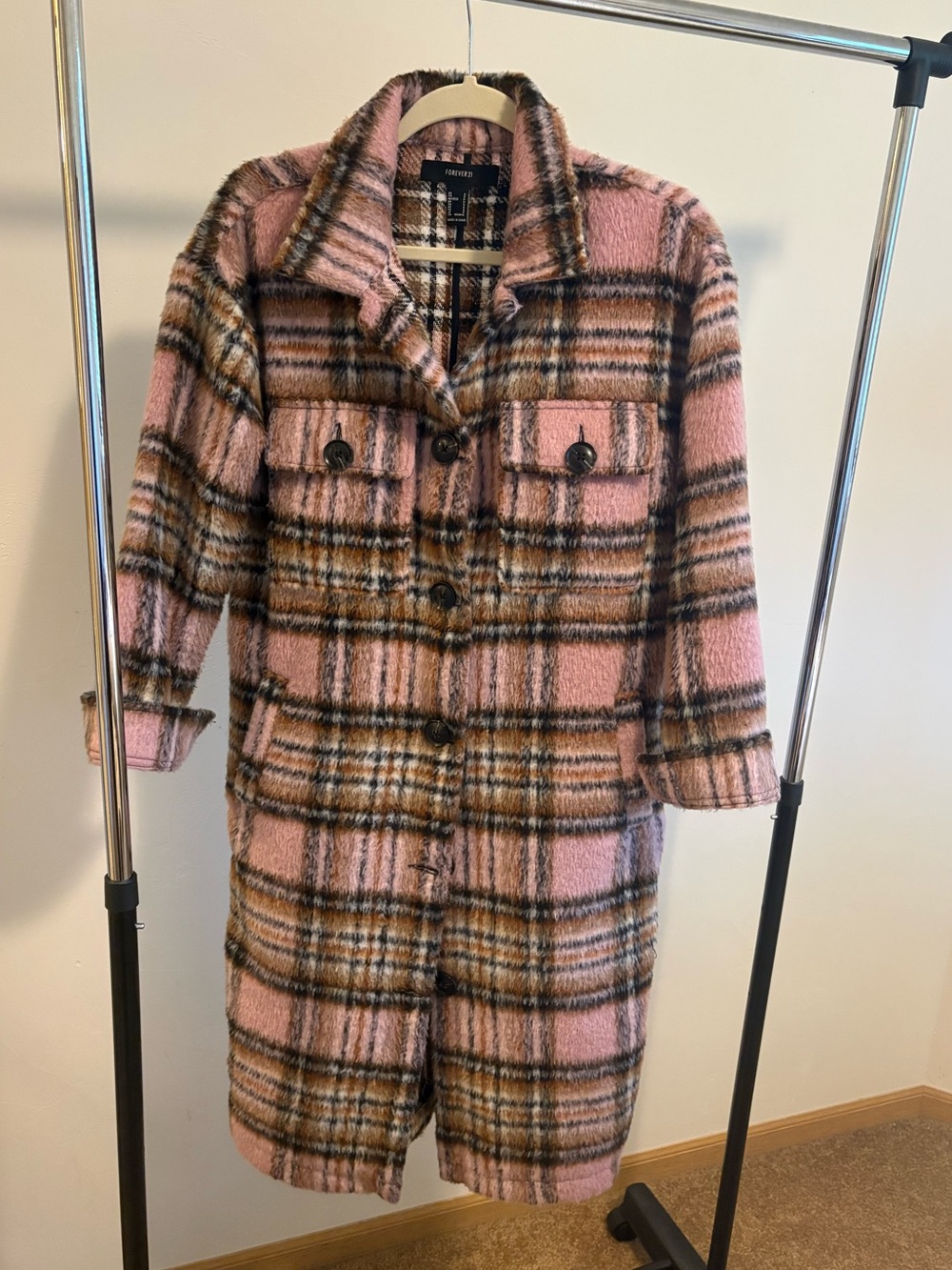 Forever 21 Pink Plaid Pea Coat